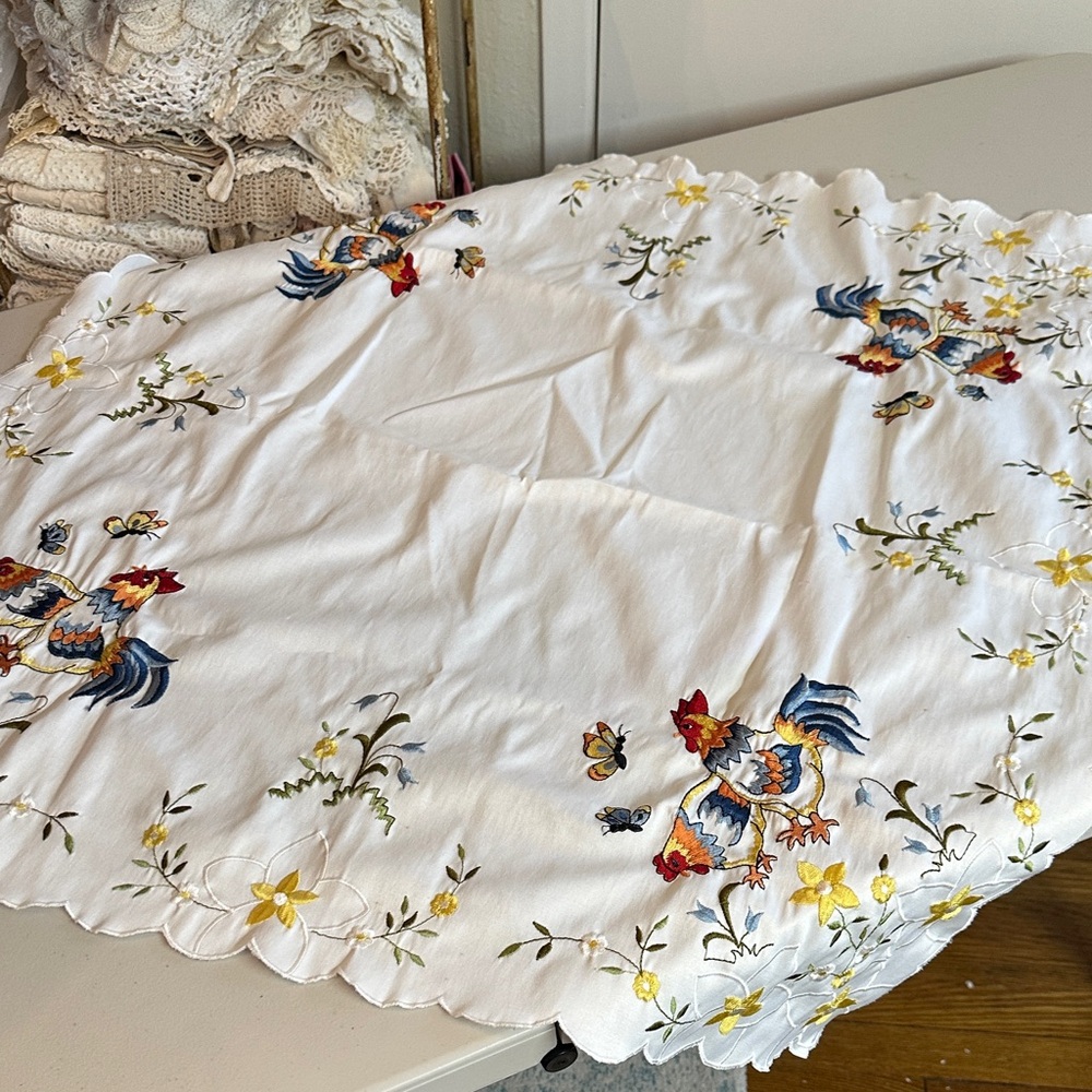 Embroidered Rooster Tablecloth - White with Blue, Red & Yellow